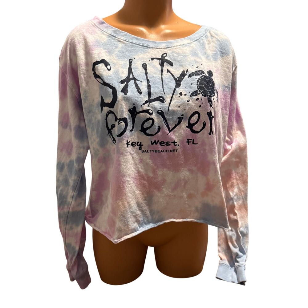 Salty Forever Key West, FL Tie Dye Cropped T-Shirt size L Turtle Beach Stained